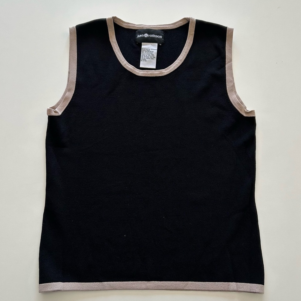 Black Sleeveless Top with Tan Trim